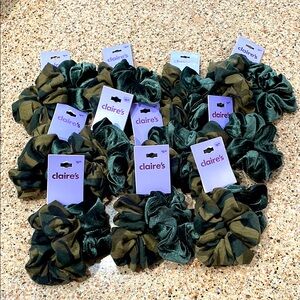 Claire's Green Velvet & Camo Scrunchies Hair Accessories Ponytail Holders Bundle